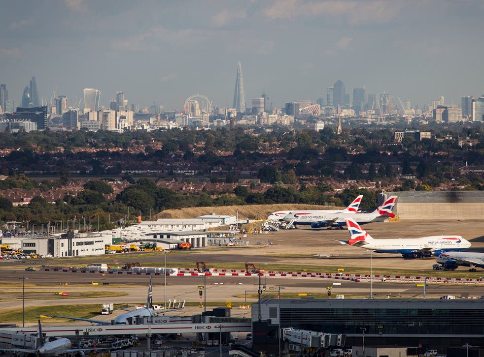 Heathrow Airport in front of the London skyline on October 11, 2016