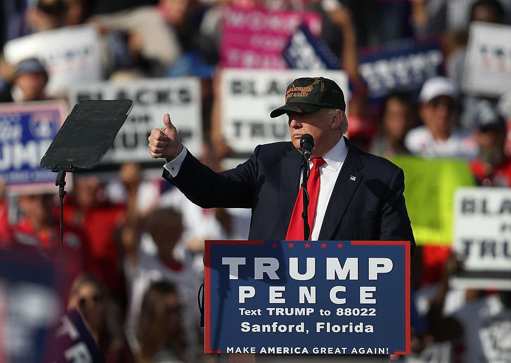 Republican presidential candidate Donald Trump speaks during a campaign rally at the Million Air Orlando, which is at Orlando Sanford International Airport on October 25, 2016 in Sanford, Florida. Trump continues to campaign against his Democratic challenger Hillary Clinton as election day nears.