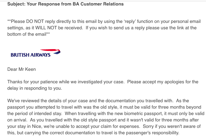 The email sent by British Airways to Mr Keen