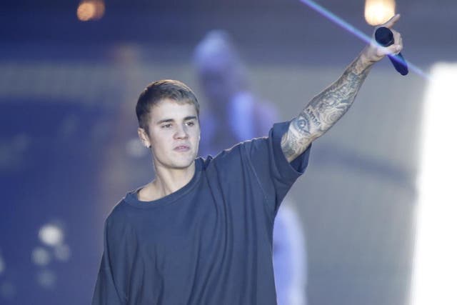 Canadian singer Justin Bieber performs on stage in Telia Parken Stadium in Copenhagen on October 2, 2016.