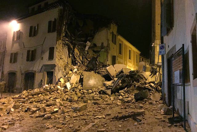 Damaged buildings in Camerino, Marche Region, central Italy.
Two strong earthquakes hit central Italy, a 5.4 and a 5.9-magnitude, according to Italy's National Institute of Geophysics and Volcanology