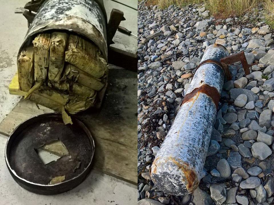 
The cocaine inside the container (L) and the container as on the beach ( Irish Revenue Customs Service/PA) 