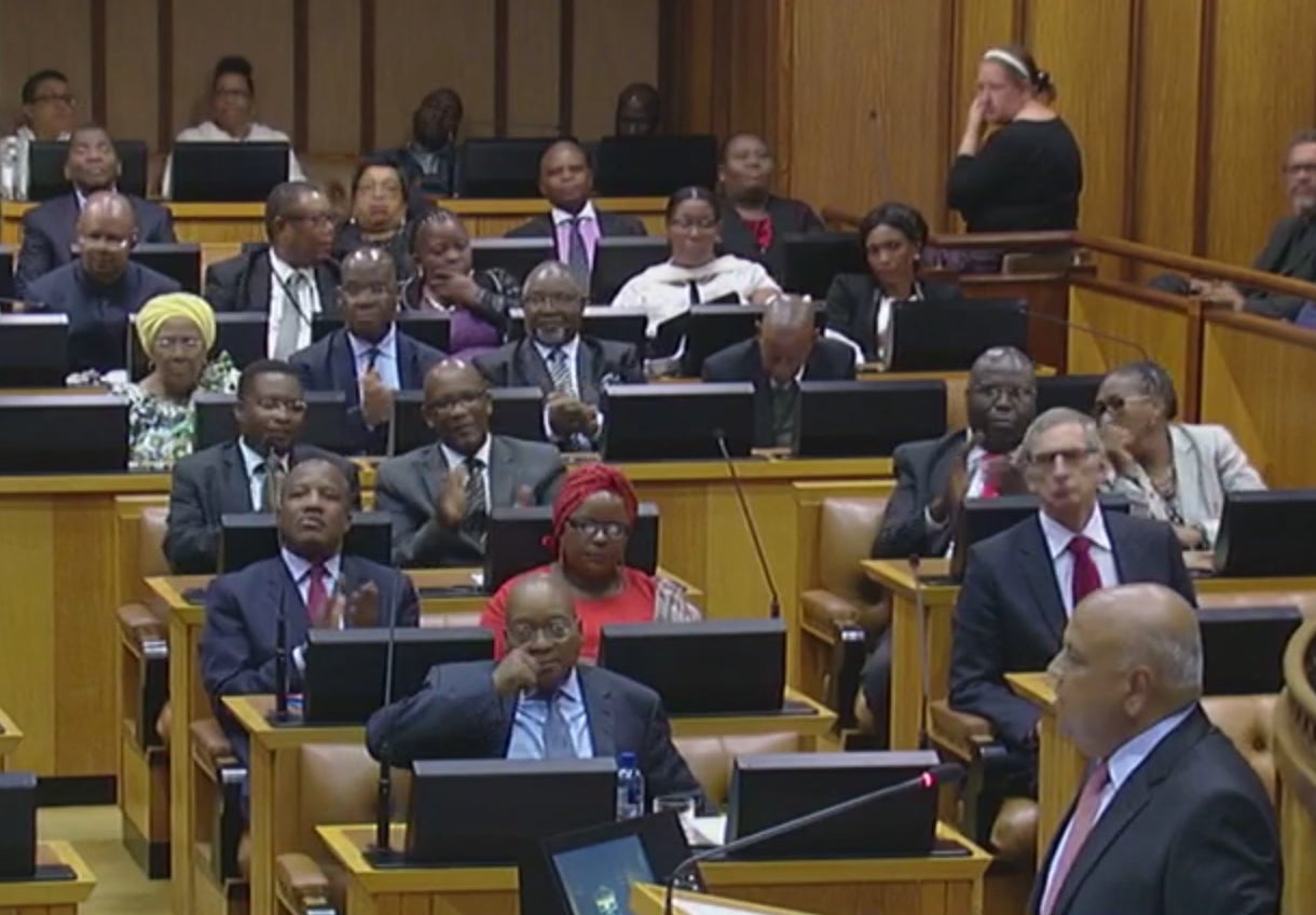President Jacob Zuma listens to finance minister Pravin Gordhan deliver South Africa's mini-budget on 26 October 2016
