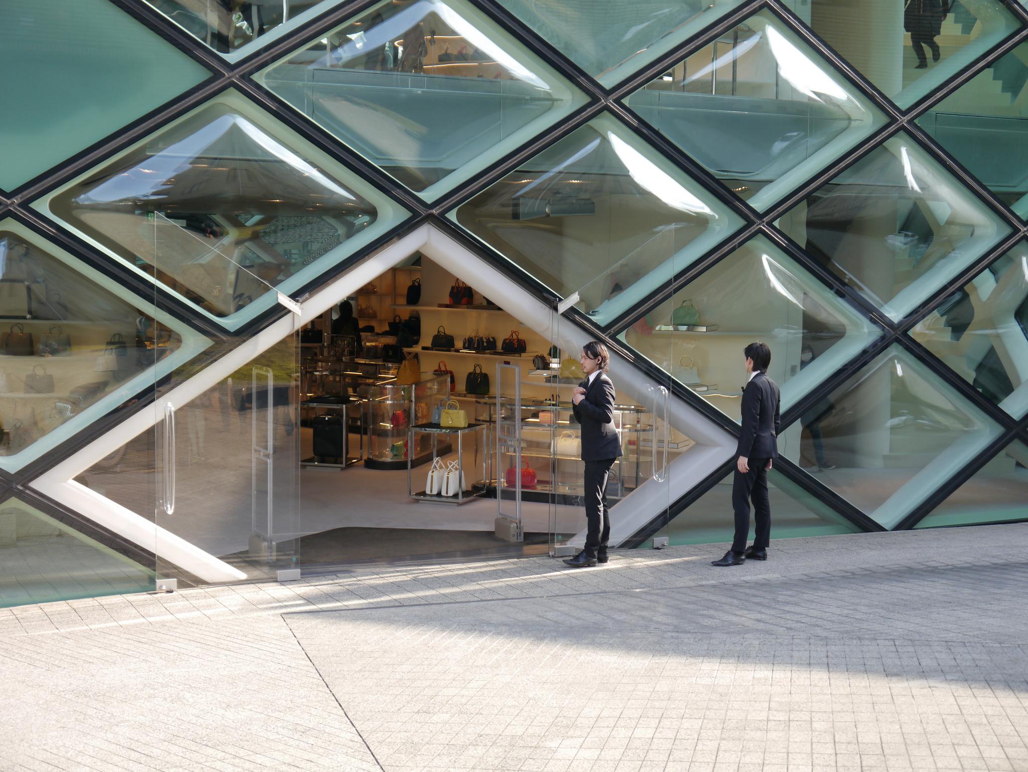 The Prada store incorporates strong concrete beams into its design to prevent collapse in the event of an earthquake