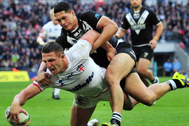 Sam Burgess touches down for England in the World Cup semi-final in 2013