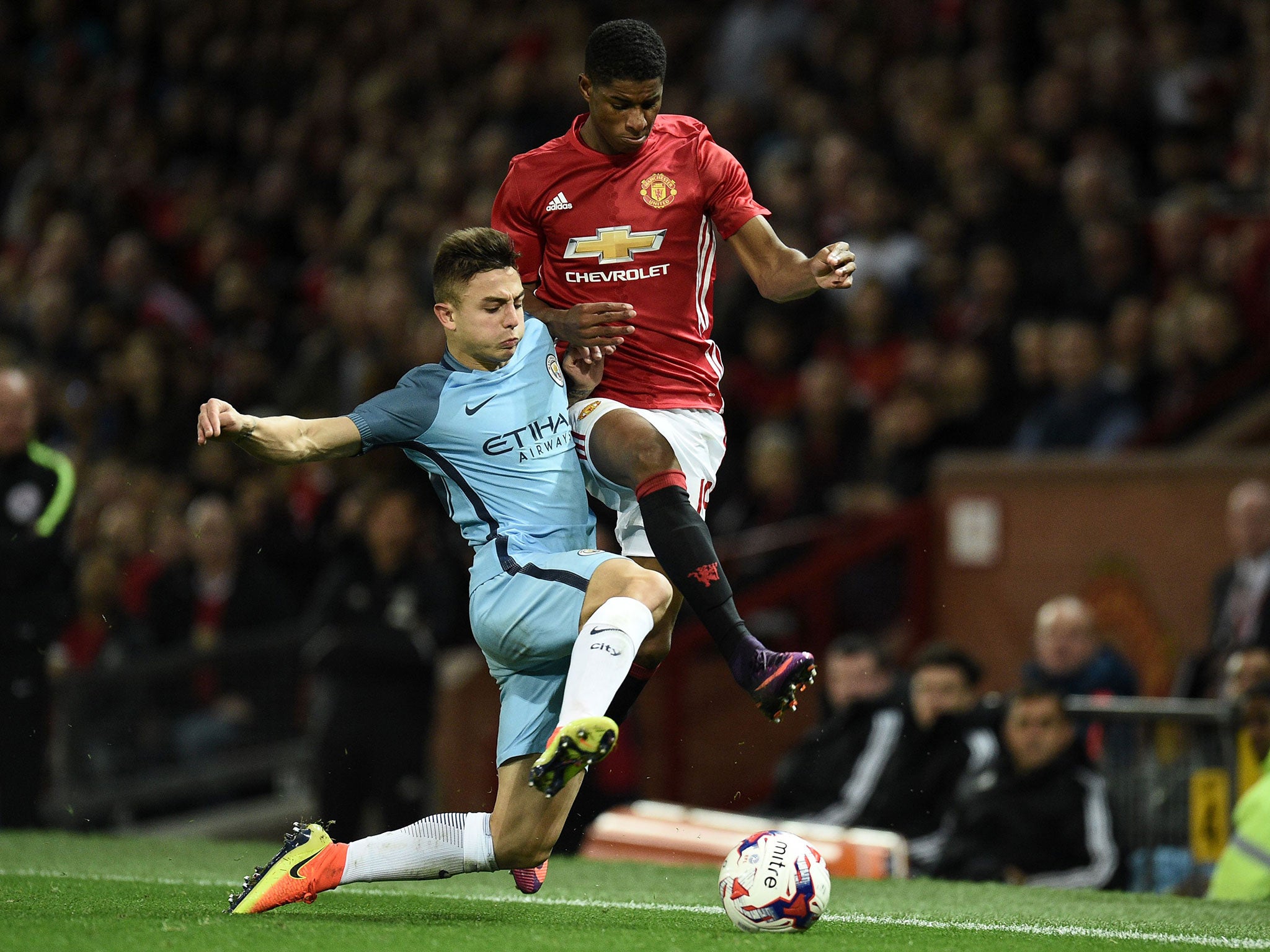 Maffeo clashes with Marcus Rashford during Wednesday's EFL Cup fixture