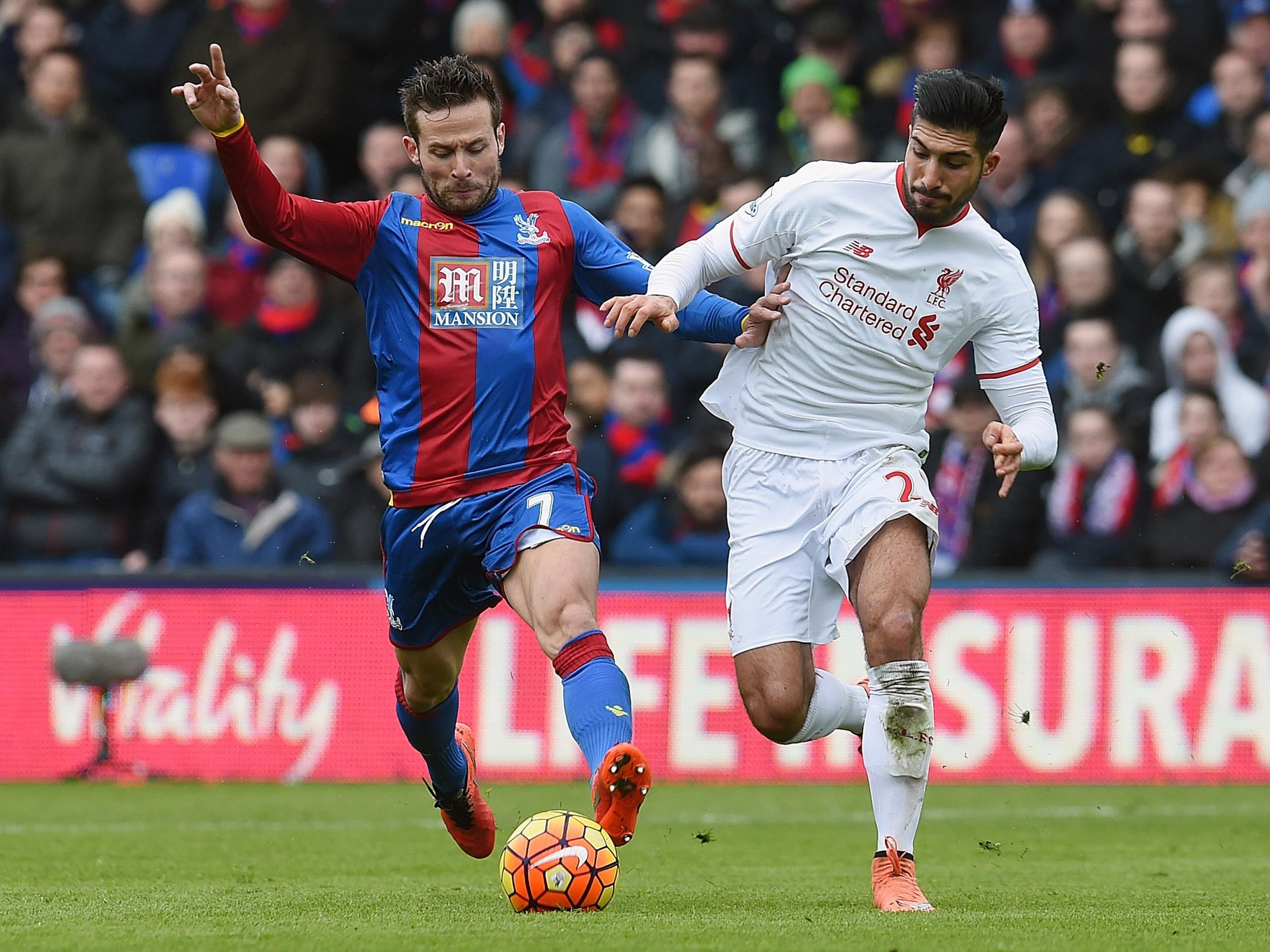 Yohan Cabaye and Emre Can battle for the ball last season