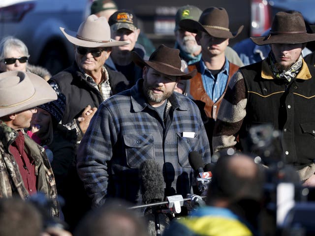Leader of a group of armed protesters Ammon Bundy talks to the media at the Malheur National Wildlife Refuge near Burns, Oregon