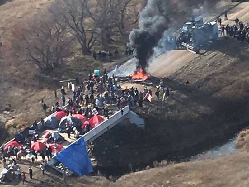 An aerial photo of the stand-off between protesters and police provided by Morton County Sheriff's Office