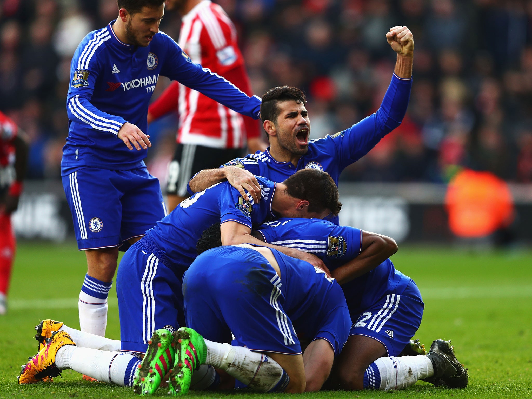 Costa celebrates Chelsea's winning strike at St Mary's last season