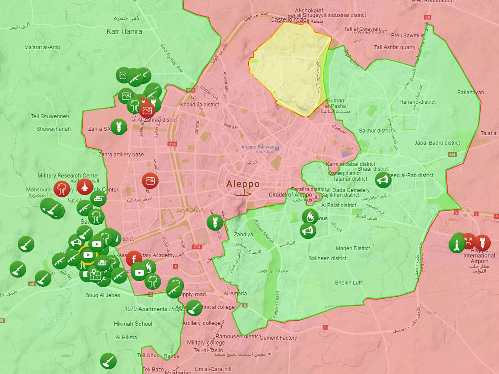 Reported rebel attacks and territory are seen in green, regime in red and Kurdish groups in yellow, in Aleppo on 28 October