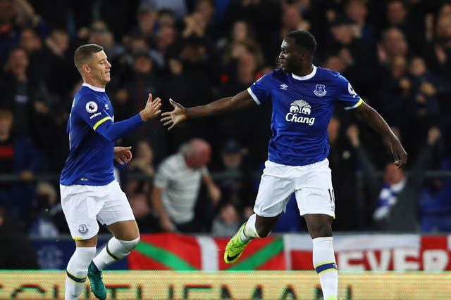 Ross Barkley and Romelu Lukaku celebrate after the latter scores for Everton