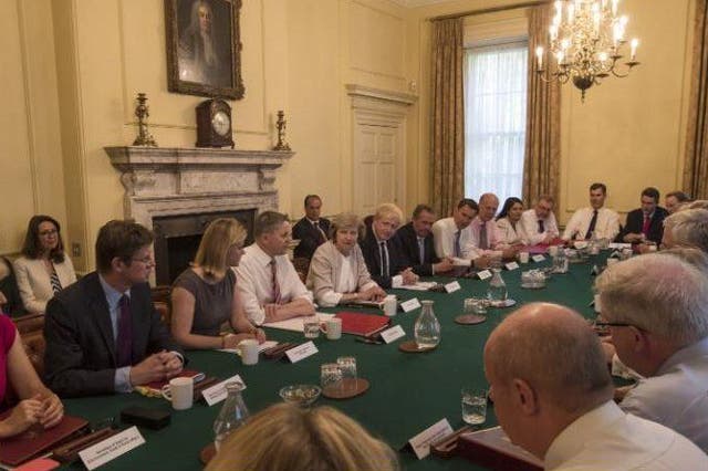 Theresa May holds her first cabinet meeting, in Downing Street in July