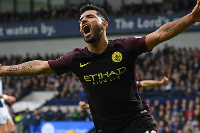 Sergio Aguero celebrates after scoring for Manchester City against West Brom