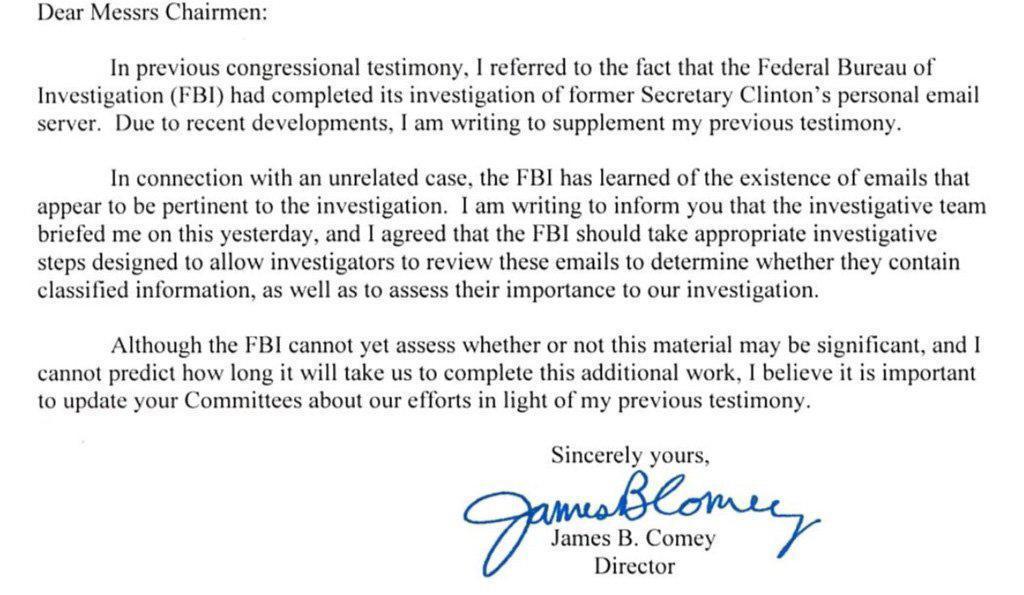 Mr Comey announced the new inquiry in a letter to Republican congressional committee chairs