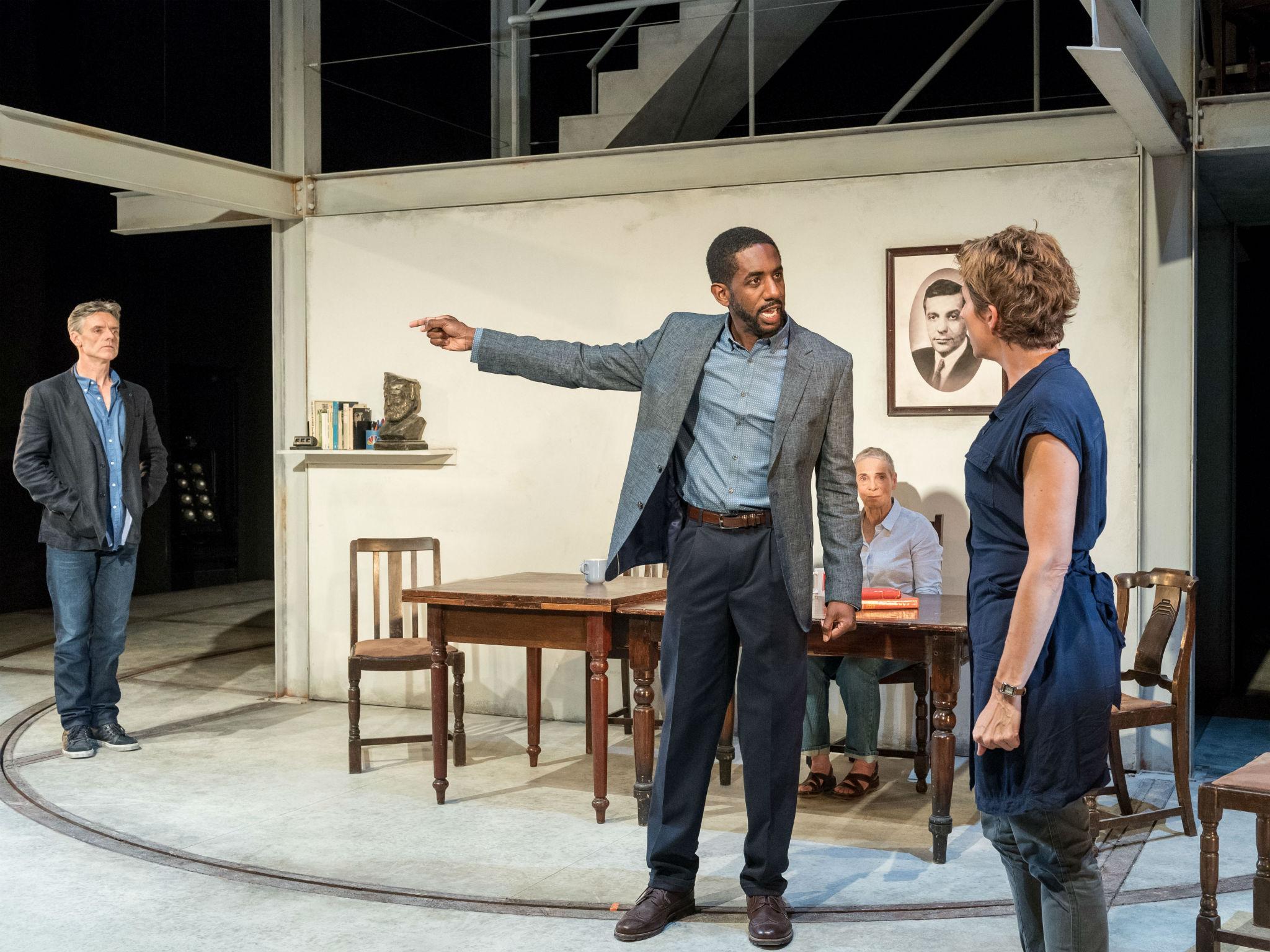 Heated family arguments: Richard Clothier (Pill), Tamsin Grieg (Empty) and Rushan Stone (Paul) in The Intelligent Homosexual's Guide to Capitalism and Socialism With A Key to the Scriptures at Hampstead Theatre