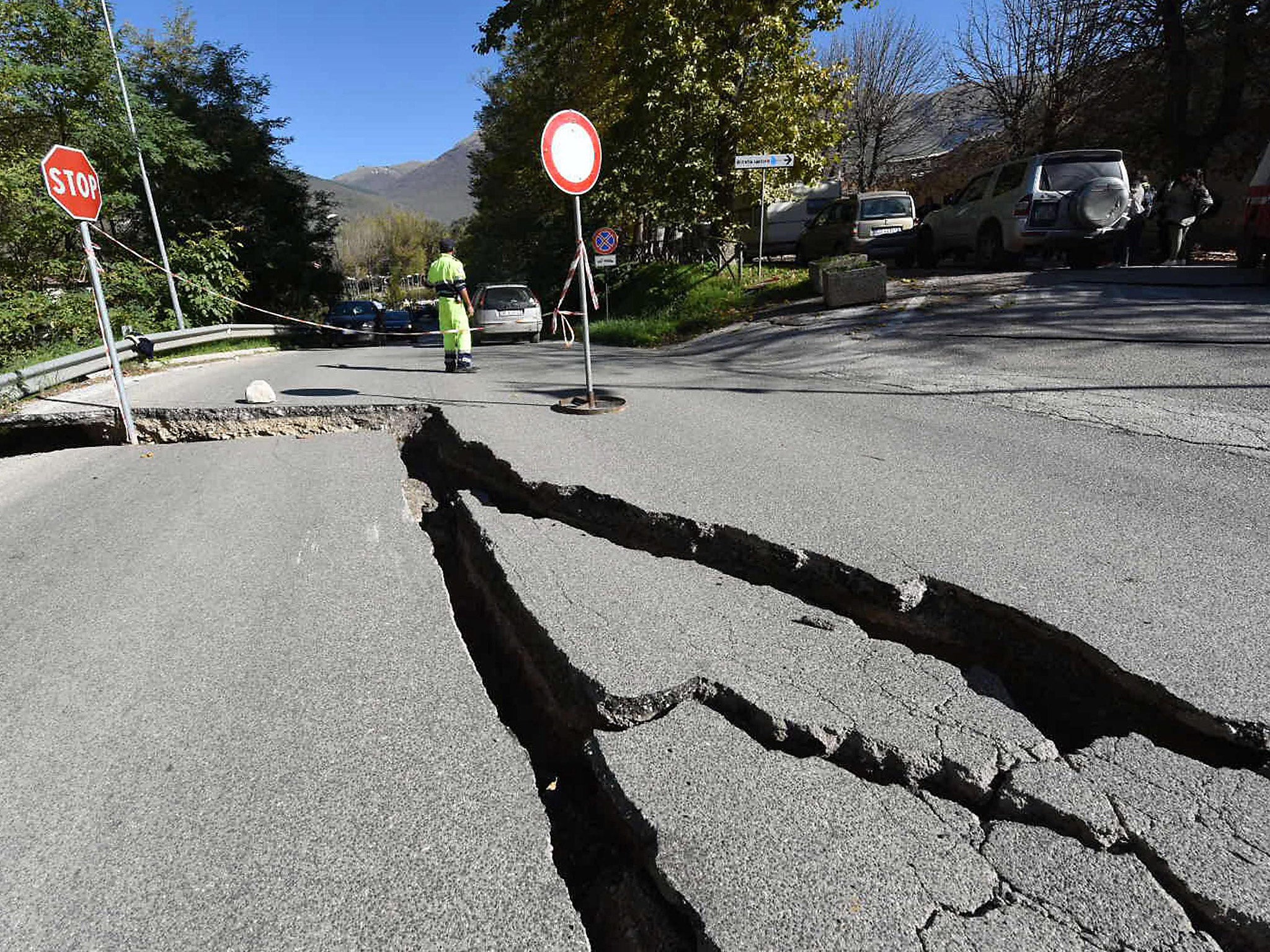 Fractures on a road in Norcia after the strong earthquake in central Italy at the end of October