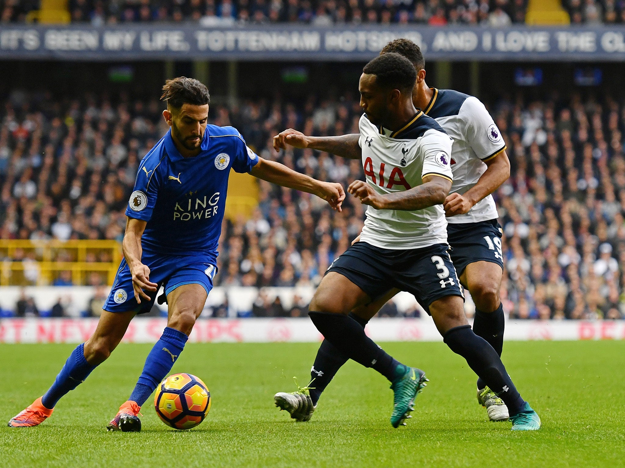 Leicester's Riyad Mahrez attempts to take the ball past Tottenham's Danny Rose