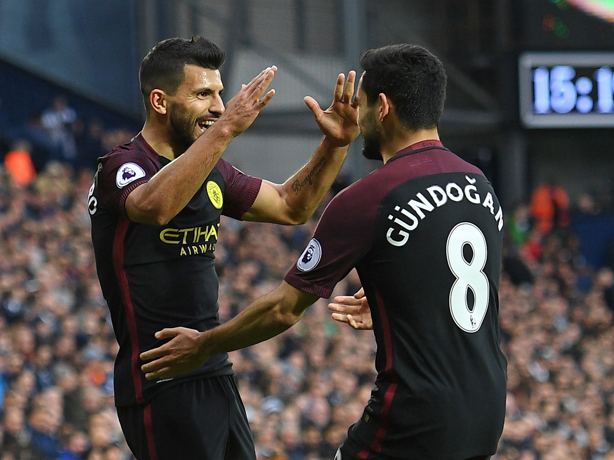 &#13;
Sergio Aguero and Ilkay Gundogan both score two on Saturday &#13;