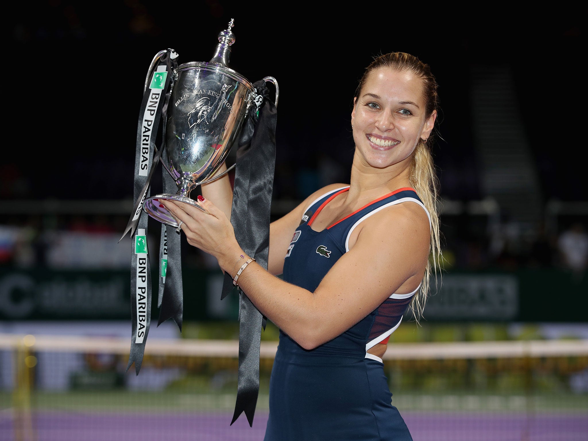 Dominika Cibulkova with her trophy following victory in the BNP Paribas WTA Finals