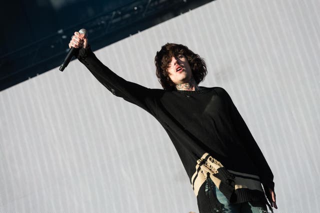 Oliver Sykes of 'Bring Me The Horizon' performs on the Other Stage during the Glastonbury Festival at Worthy Farm, Pilton on June 24, 2016 in Glastonbury, England
