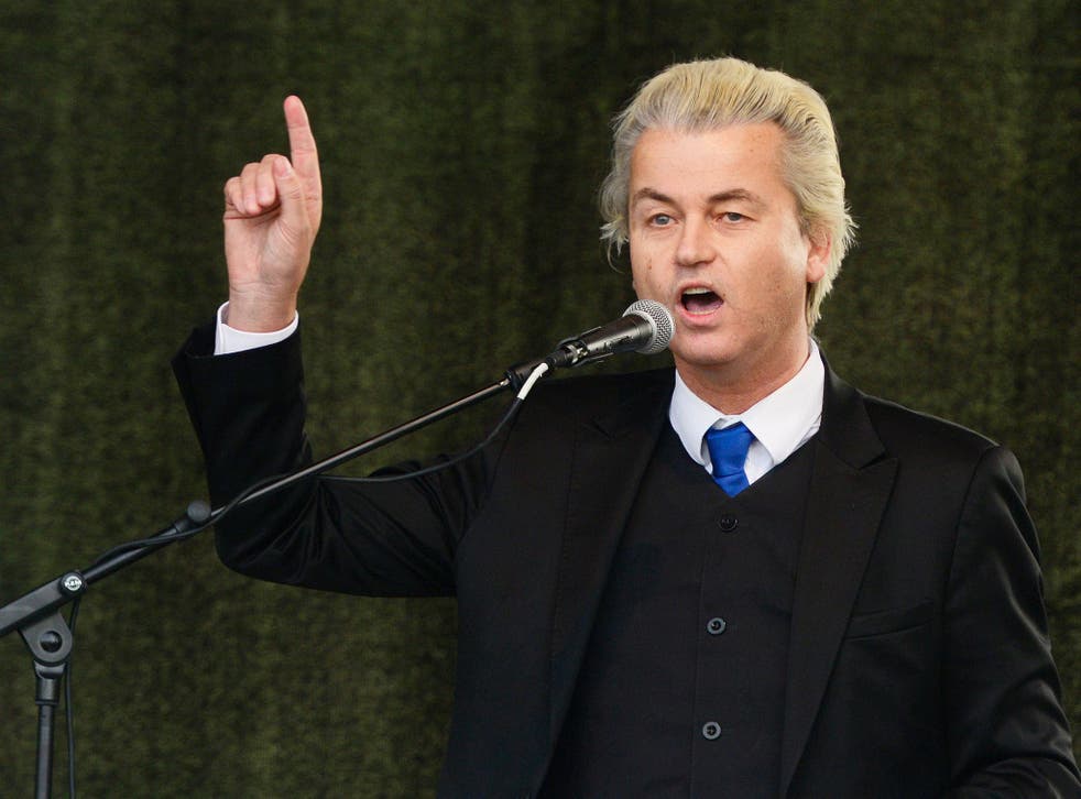 Dutch right-wing Party for Freedom (PVV) leader Geert Wilders addresses a rally of German right-wing movement Pegida (Patriotic Europeans Against the Islamisation of the Occident) on 13 April, 2015 in Dresden, Germany