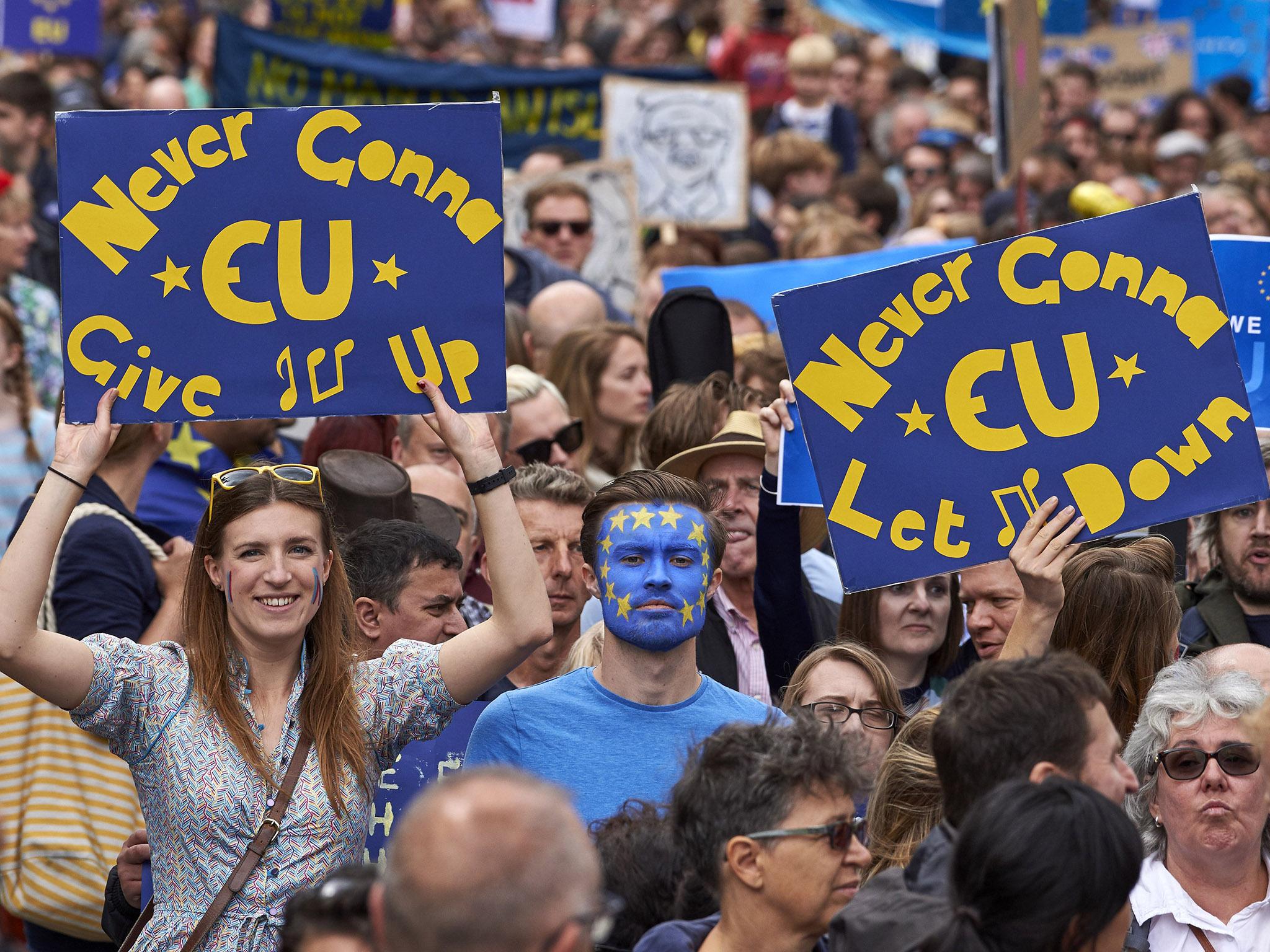 Thousands of pro-EU protesters take part in a march through the centre of London, days after the Brexit vote