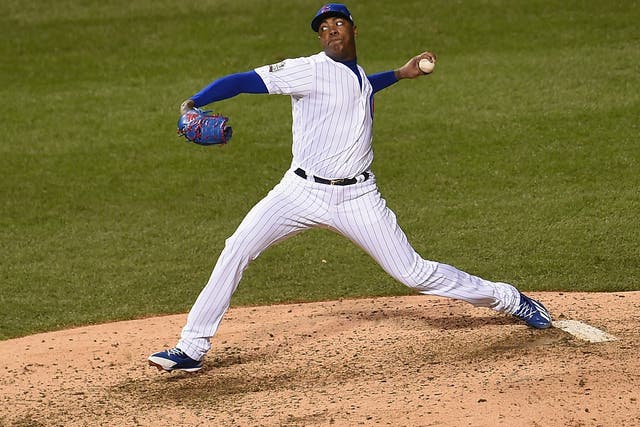 Aroldis Chapman pitches for the Chicago Cubs
