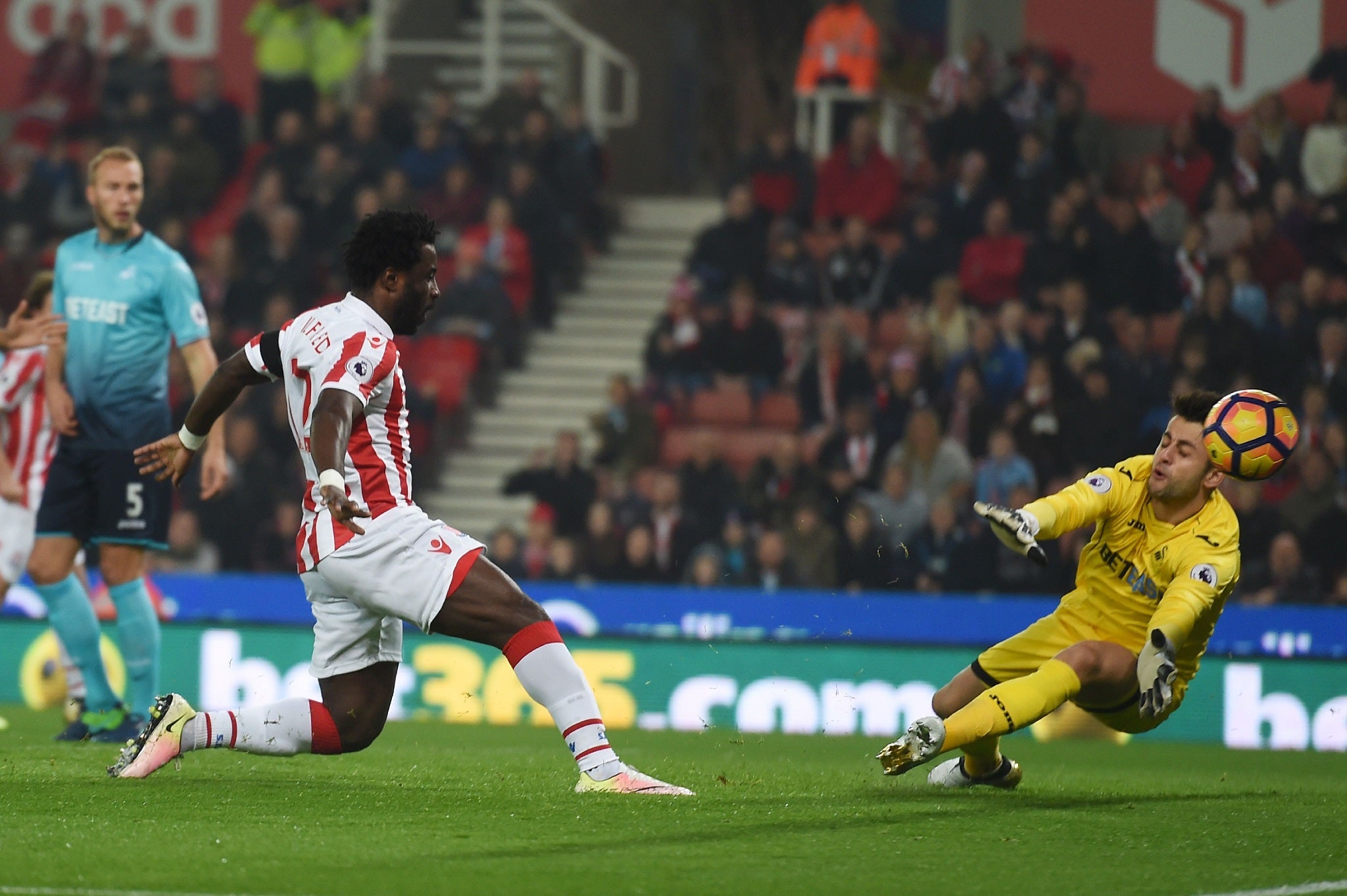 Wilfried Bony opened the scoring with his first goal for Stoke against his former side