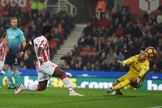 Wilfried Bony opened the scoring with his first goal for Stoke against his former side