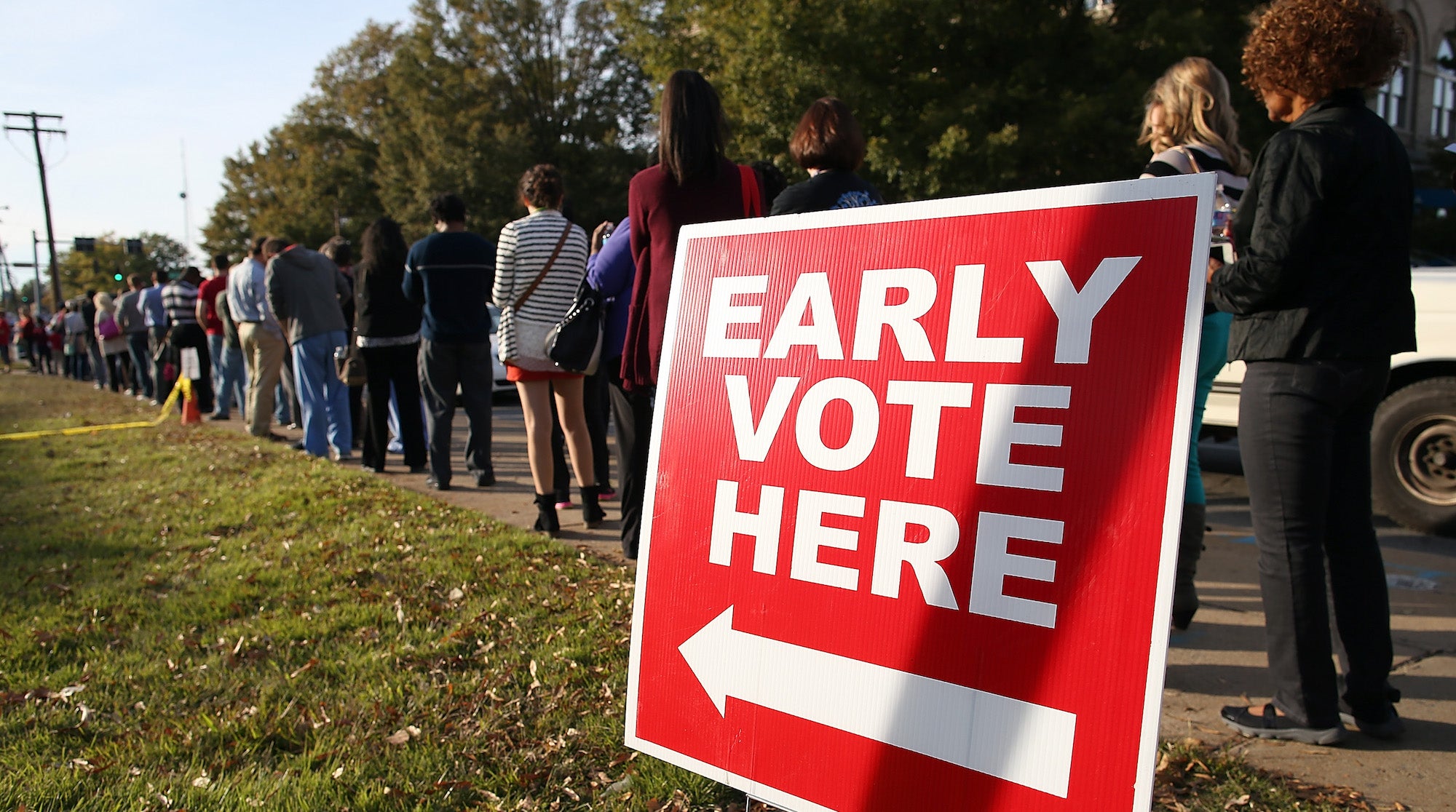 Early voters line up outside of the Pulaski County Regional Building on November 3, 2014 in Little Rock, Arkansas.