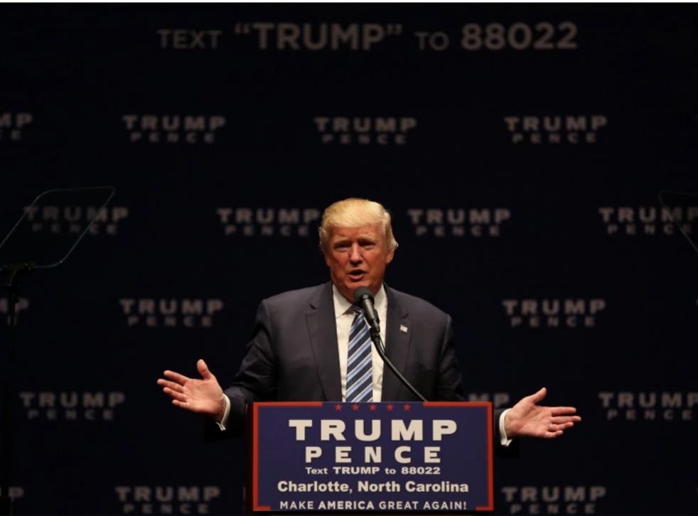 Donald Trump speaks to a crowd of donors at the McGlohon Theater in Charlotte on October 26