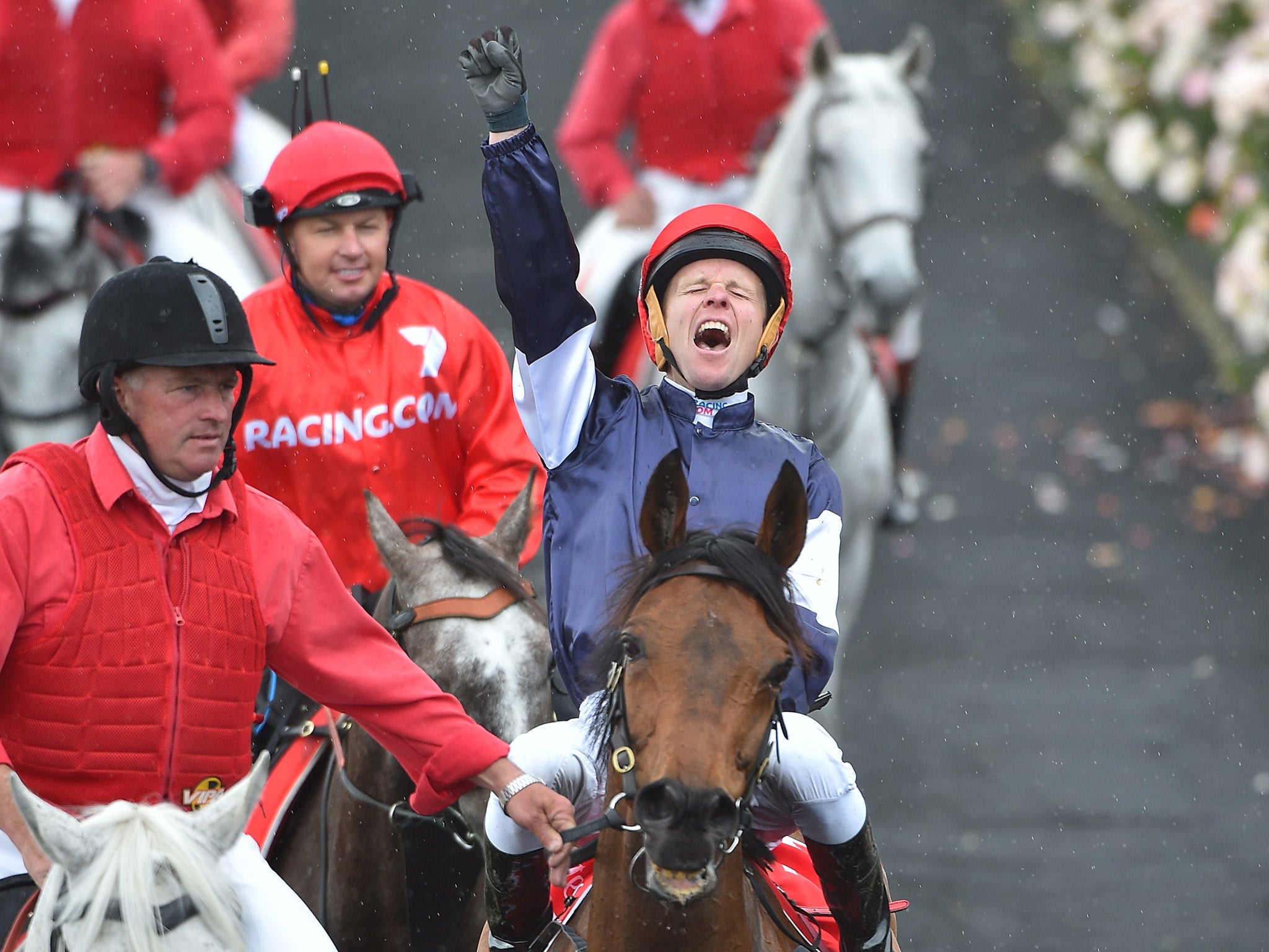 Kerrin McEvoy celebrates riding Almandin to Melbourne Cup victory