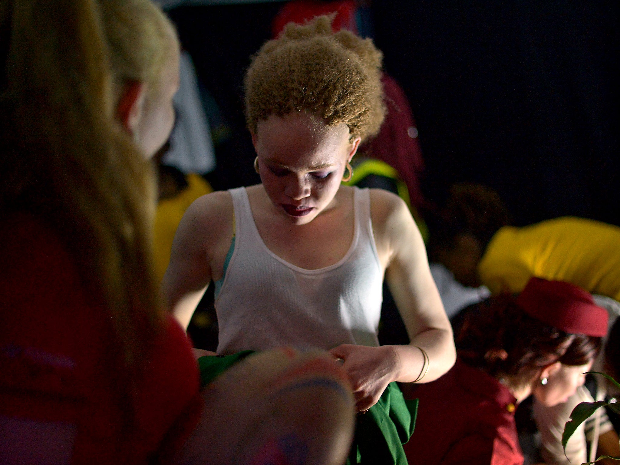 Contestants prepare backstage during a pageant hosted by the Albinism Society of Kenya in Nairobi