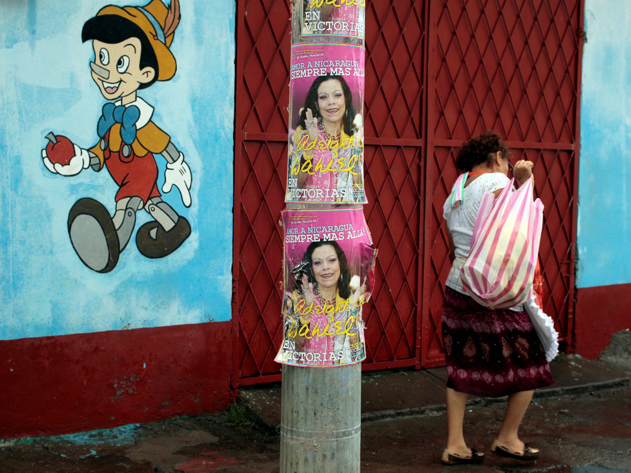 Posters in support of Nicaragua's President Daniel Ortega and vice-presidential candidate first lady Rosario Murillo are seen in Managua