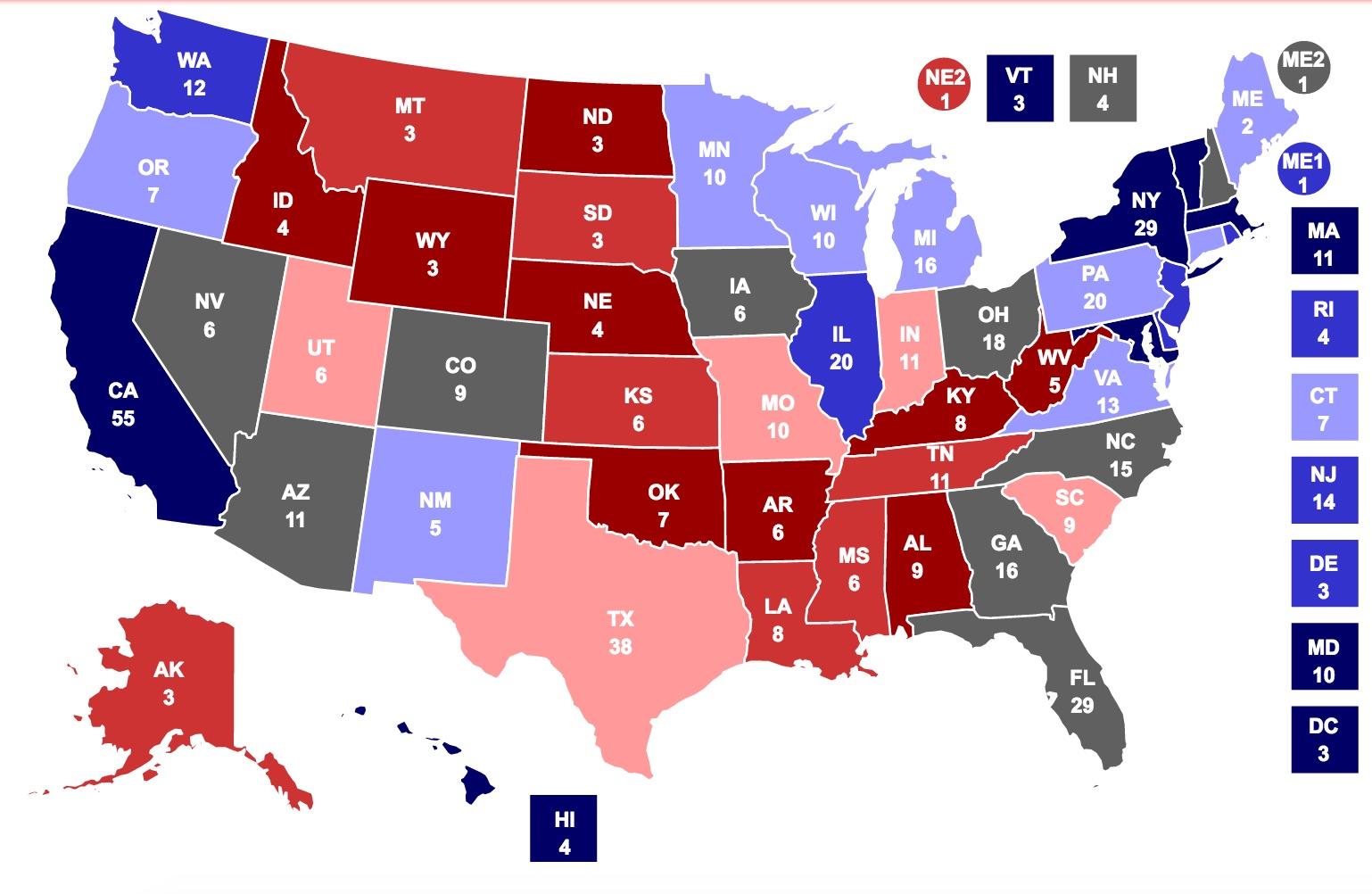 Trump states in red (stronger shades equalling greater support), Clinton states in blue, swing states in grey