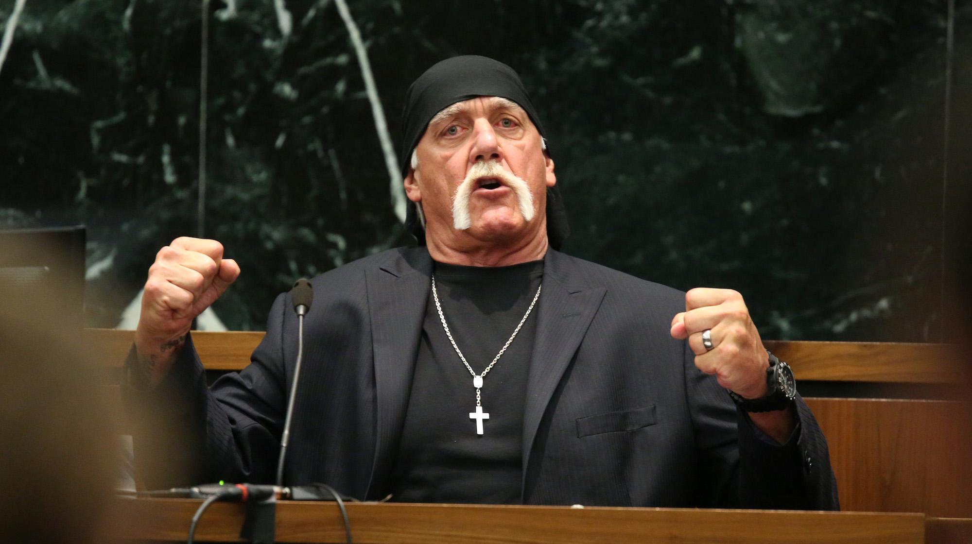 Terry Bollea, aka Hulk Hogan, testifies in court during his trial against Gawker Media at the Pinellas County Courthouse on March 8, 2016 in St Petersburg, Florida. Bollea is taking legal action against Gawker in a USD 100 million lawsuit for releasing a video of him having sex with his best friends wife.