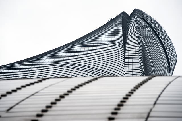 This picture taken on May 8, 2015 shows a view looking up of the new Shanghai Tower