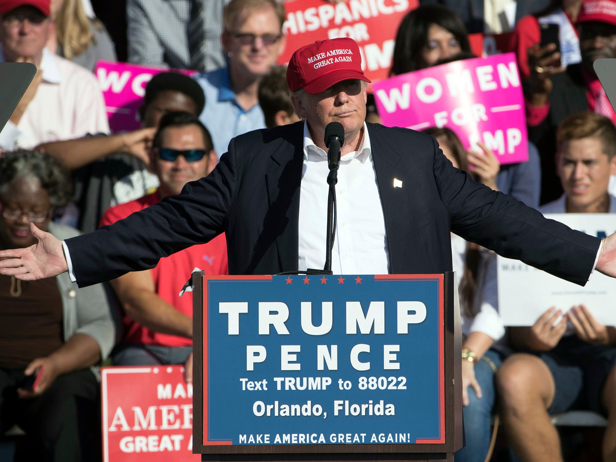 Republican presidential candidate Donald Trump speaks during a campaign stop in Orlando,