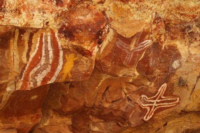 Aboriginal artworks are seen in the caves of Python Gorge at Carisbrooke Station on March 26, 2011 in Winton, Australia