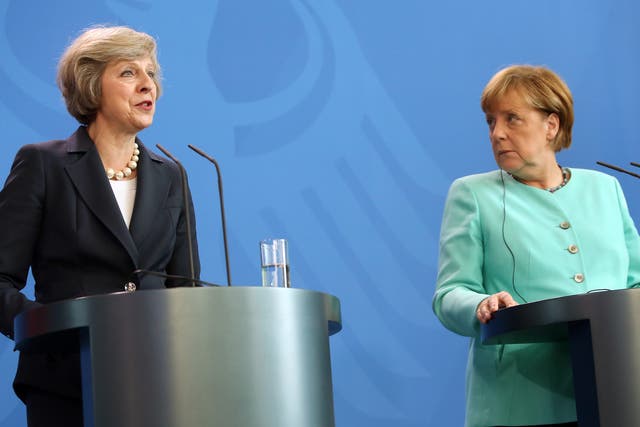 German Chancellor Angela Merkel with Theresa May, at a press conference earlier this month