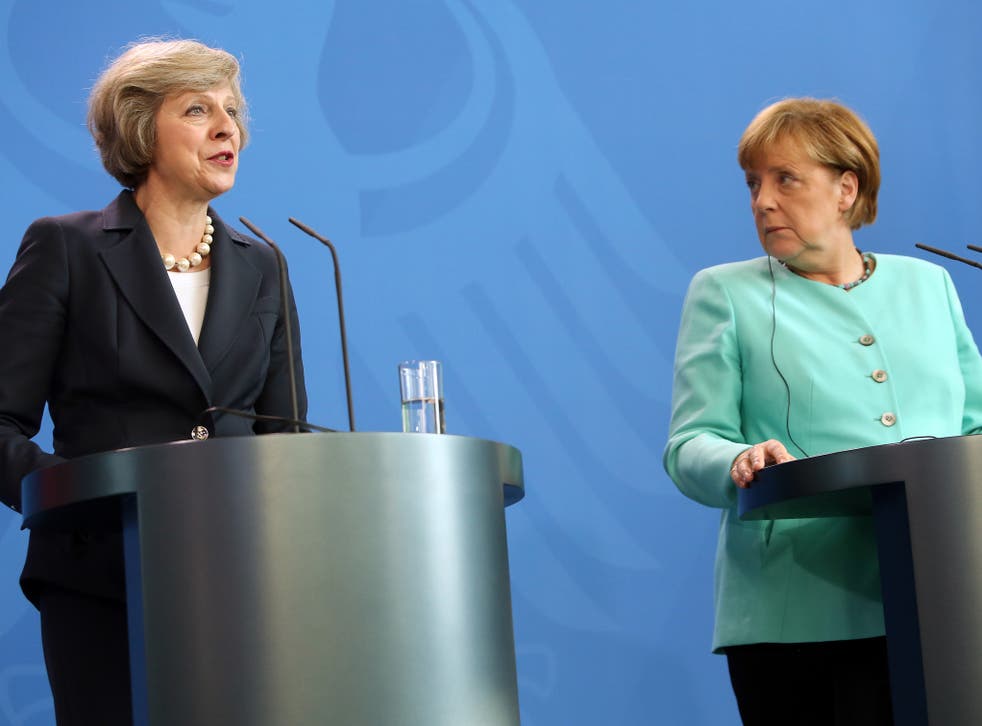 German Chancellor Angela Merkel with Theresa May, at a press conference earlier this month