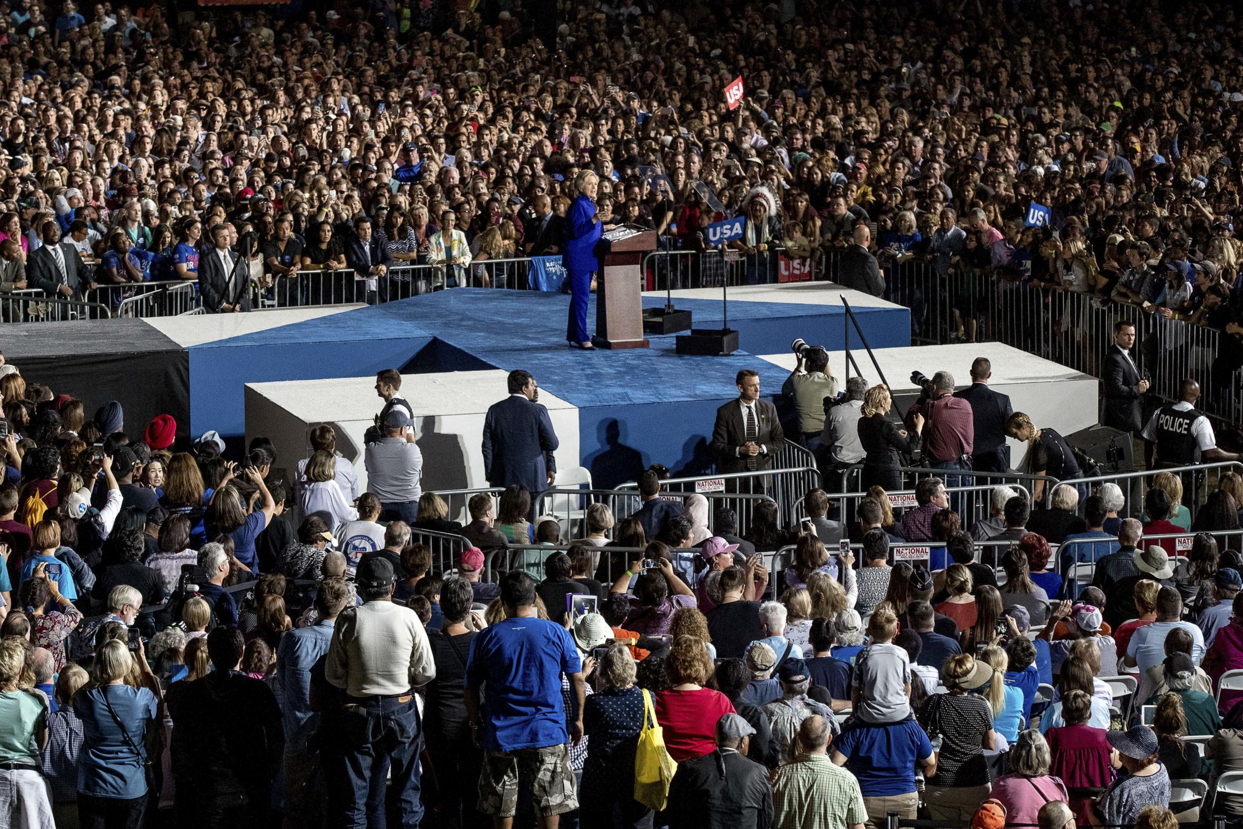 Ms Clinton addressing one of the biggest crowds of her campaign at Arizona State University on Wednesday