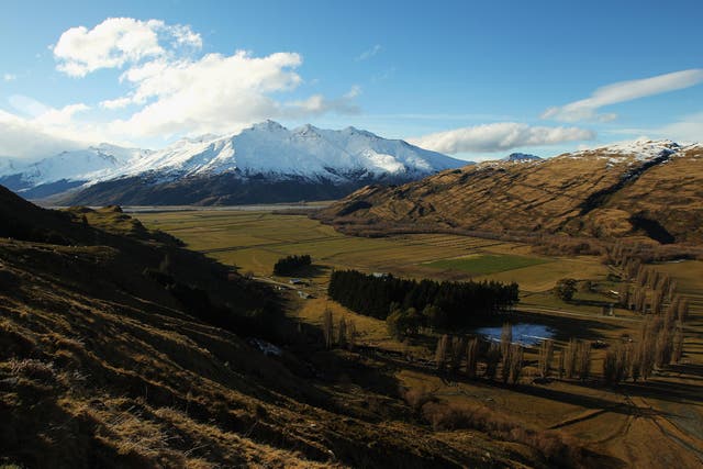 A view of rural farmland from the Southern Alps in New Zealand