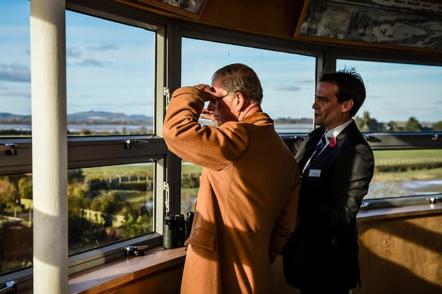 The Prince of Wales looks out from the observation tower during a visit to the Wildfowl and Wetlands Trust's Slimbridge Wetland Centre in Gloucestershire