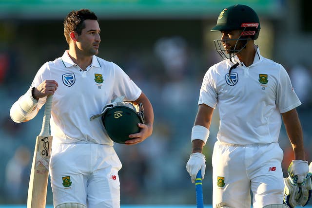 Dean Elgar and Jean-Paul Duminy walk from the field at stumps following a remarkable South African fightback