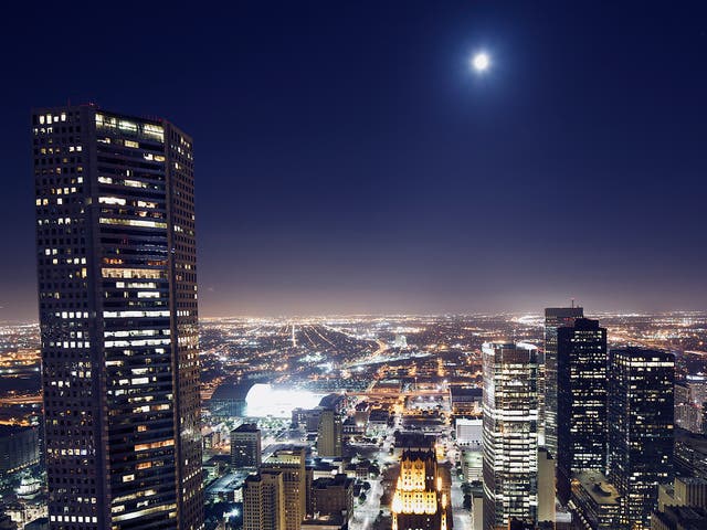 <p>The skyline of Houston at night</p>