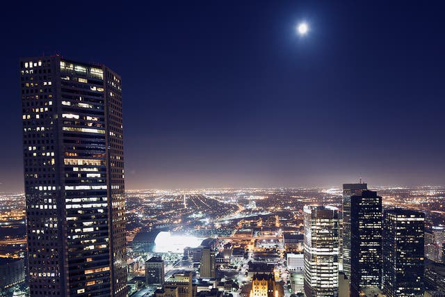 <p>The skyline of Houston at night</p>
