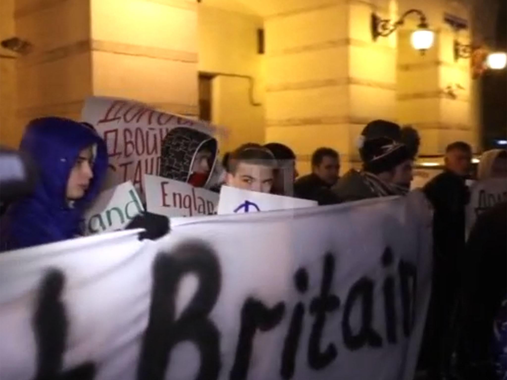 Demonstrators outside the British embassy in Moscow