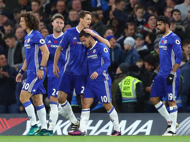 Nemanja Matic congratulates Eden Hazard after he scores Chelsea's opening goal